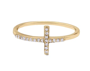 14k Gelbgold Diamant Kreuz Ring, Pave Ring