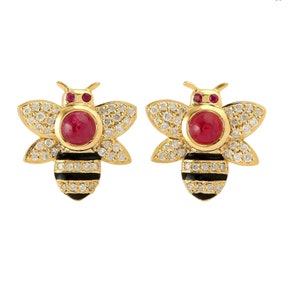 Pave Diamond Insect Stud Earrings, Diamond Mini Stud Earrings, 14k Yellow Gold Bird Earrings, Gemstone Ruby Black Enamel Earrings, EA-8399