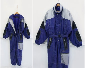 Vintage Ski Anzug Retro Schnee Anzug Damen M Ski Kostüm Colorblock Ski Overall Herren S Snowboard Anzug Silber Blau Ski Overall M