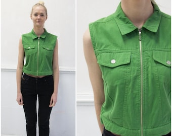 Vintage Crop Top 90s Cropped Zip Up Top Womens S M Green Sleeveless Collar Top Mens XS Boxy Vest Bright Green Sleeveless Zippered Crop Top M