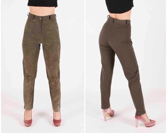 Vintage Green Suede Pants Women's Size XS High Waisted Khaki Suede Trousers 80s Leather Pants Women XS Olive Green Tapered Leg Leather Pants
