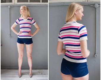 Vintage Neon Top Womens XS S M 70s Striped Top Small Rib Knit Top White Blue Pink Stripes Knitted Top 70s Fitted Stretch Top Stripy Pullover
