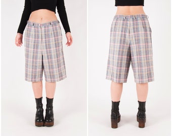 Vintage Plaid Bermuda Shorts Women High Waist 32" Checked Pants Gray Pink Patterned Culottes Size Large Check Printed Over Knee Long Shorts