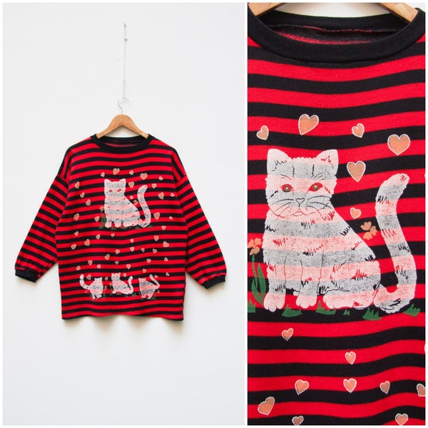 Vintage Kitten Sweater Women's Large Cat Jumper 80s Cartoon Sweatshirt Black Red Striped Animal Pullover Women L 90s Oversized Animal Jumper