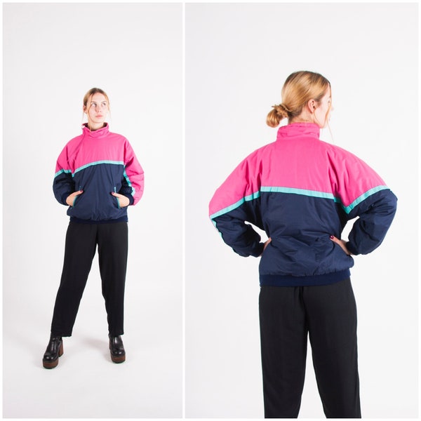 Vintage Ski Jacket Women's XS S 80s Neon Windbreaker Colorblock Jacket Women Size Small Dark Blue Neon Pink Snow Jacket 90s Snowboard Jacket