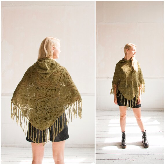 Vintage Cape 70s Hooded Cape Women XS Crochet Cape