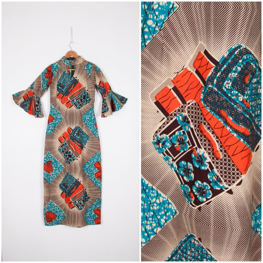 Vintage Money Print Dress XS 70s Bell Sleeve Dress Bold African Wax
