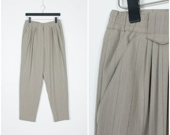 Vintage Pinstripe Pants Women Medium 80s Striped Suit Pants High Waist 31" Gray Baggy Pants Tapered Pleated Cigarette Pants 30 Grey Trousers