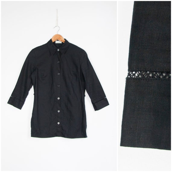 Vintage Linen Shirt Women's Small Black Linen But… - image 1