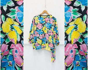 Vintage 80s Womens Top Oversize Floral Blouse Colorful Metallic Top Bold Print Blouse Womens M Batwing Sleeves Top Shiny Flower Print Top M