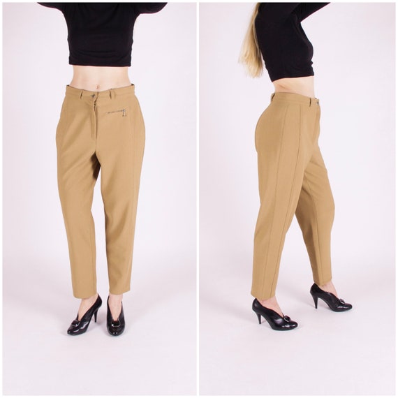 80s Mom Pants High Waist 32 Tapered Leg Trousers Vintage Cigarette Pants 32  Camel Brown Women's Trousers High Waisted Suit Pants 32 Women M 