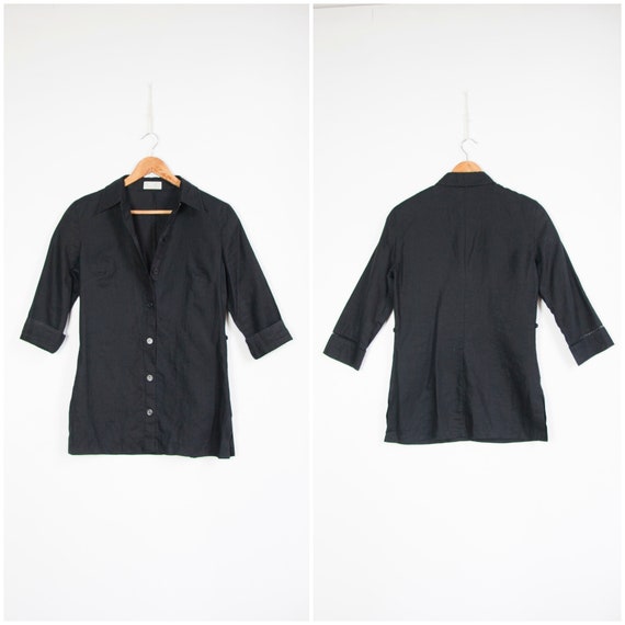 Vintage Linen Shirt Women's Small Black Linen But… - image 2