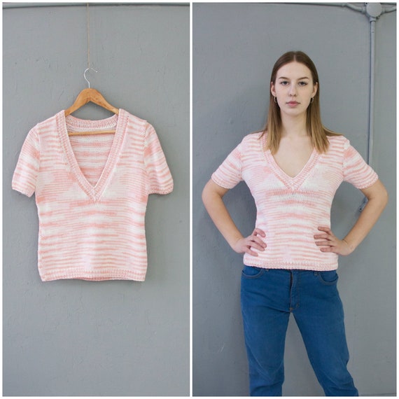 Vintage 70s Womens Top XS S Striped Short Sleeve … - image 3