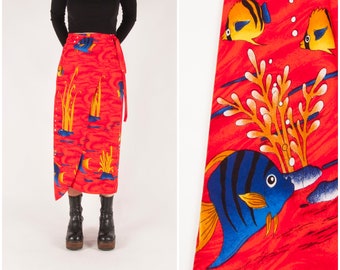 Vintage Wrap Skirt Colorful Beach Skirt 90s Wrap Front Skirt Red Rayon Beach Skirt Fish Print Ankle Skirt 90s Colorful Patterned Wrap Skirt