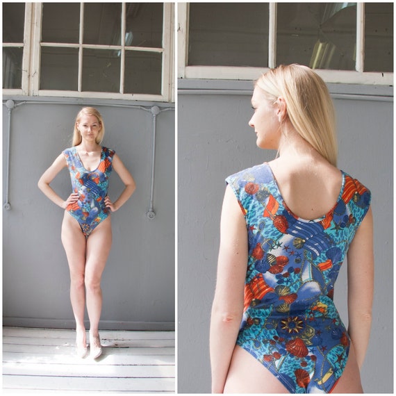 Vintage Bodysuit S M 90s Swimsuit Colorful Swimming Costume Small