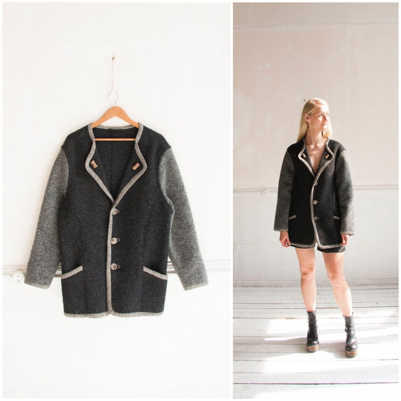 Vintage Wool Jacket Women Large Woolly Jacket Gray Warm Winter Jacket Women L 80s Oversized Jacket Wool Blazer Jacket Dark Wool Coat Women L