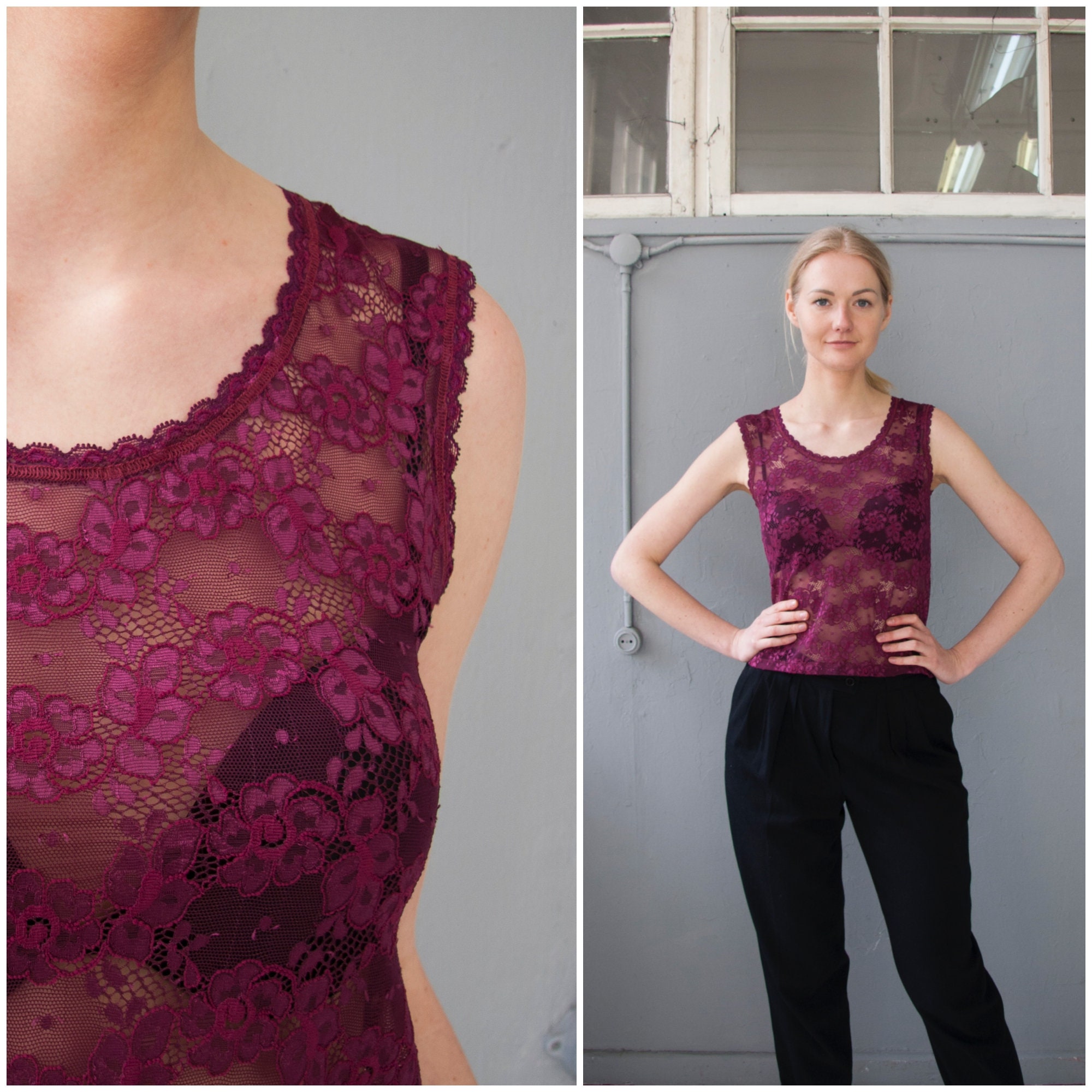 Vintage Lace Top Semi Sheer Lace Maroon 