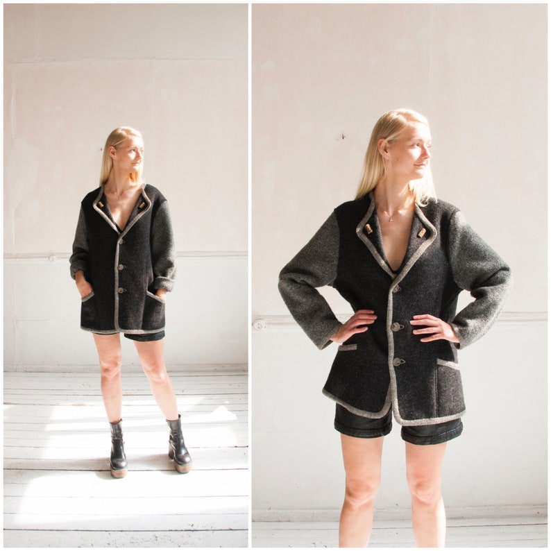 Vintage Wool Jacket Women Large Woolly Jacket Gray Warm Winter Jacket Women L 80s Oversized Jacket Wool Blazer Jacket Dark Wool Coat Women L