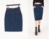 Vintage Denim Pencil Skirt Waist 29 quot Sheath Jean Skirt Dark Wash Denim Midi Skirt High Waisted Jean Pencil Skirt 29 Over Knee Denim Skirt S