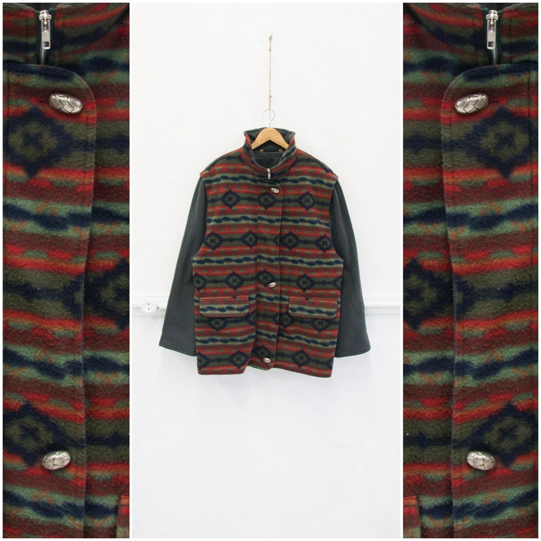 Vintage Fleece Jacket 90s Fleece Jacket Womens L XL Geometric Khaki