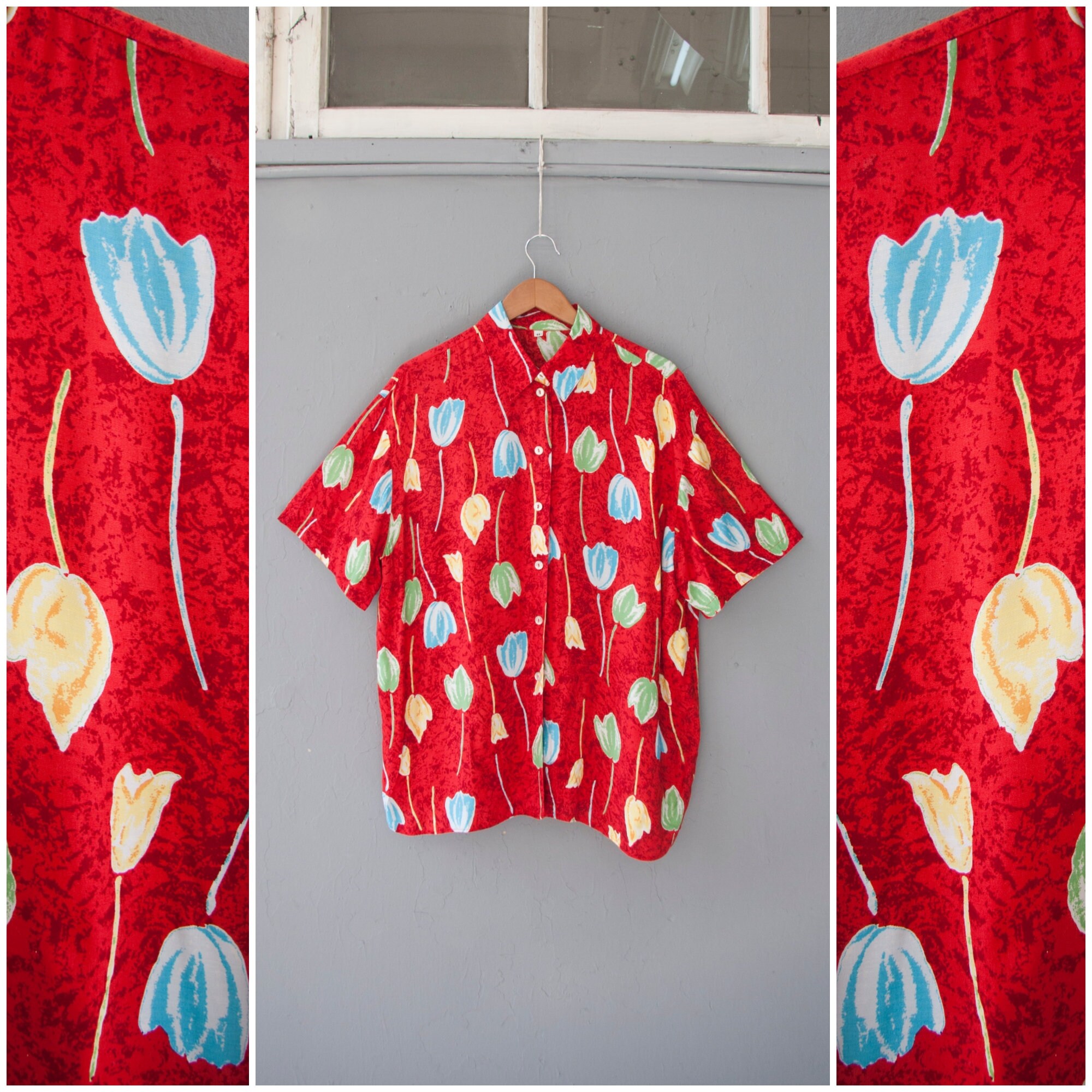 Vintage black colorful floral print cotton long sleeve button up shirt blouse top L XL