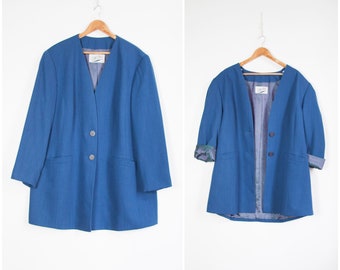 80s Oversized Blazer Women Large Vintage Suit Jacket Blue Longline Blazer Women's Size L Plain Blue Jacket 80s Formal Solid Suit Jacket L