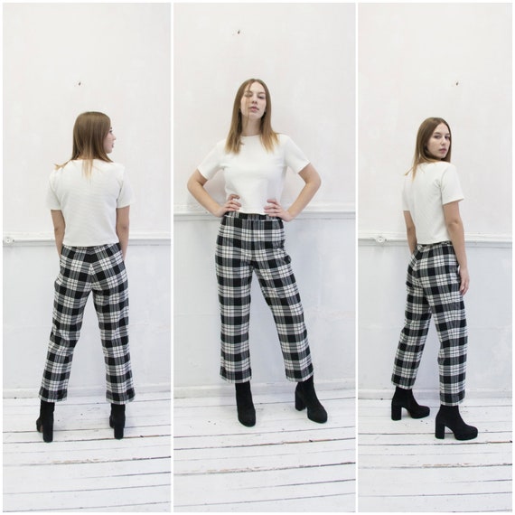 black white check pants