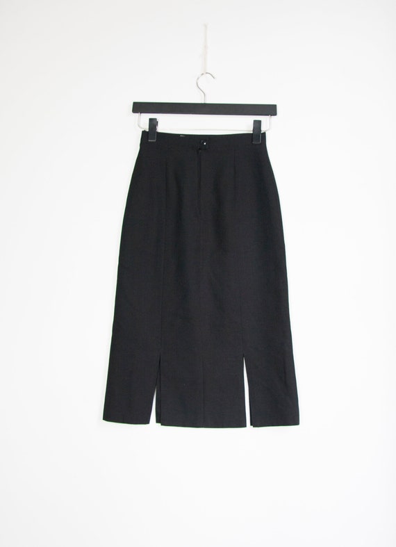 Vintage Black Pencil Skirt XXS Plain Black Slitte… - image 2
