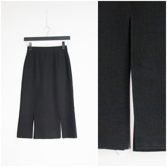Vintage Black Pencil Skirt XXS Plain Black Slitte… - image 1