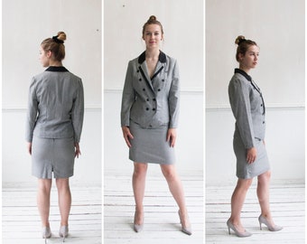 Vintage Anzug Damen XS Rock Anzug 80er Jahre Zweiteiler Smart Power Suit Schwarz Weiß Hahnentritt Blazer Bleistiftrock Zweiteiler Set