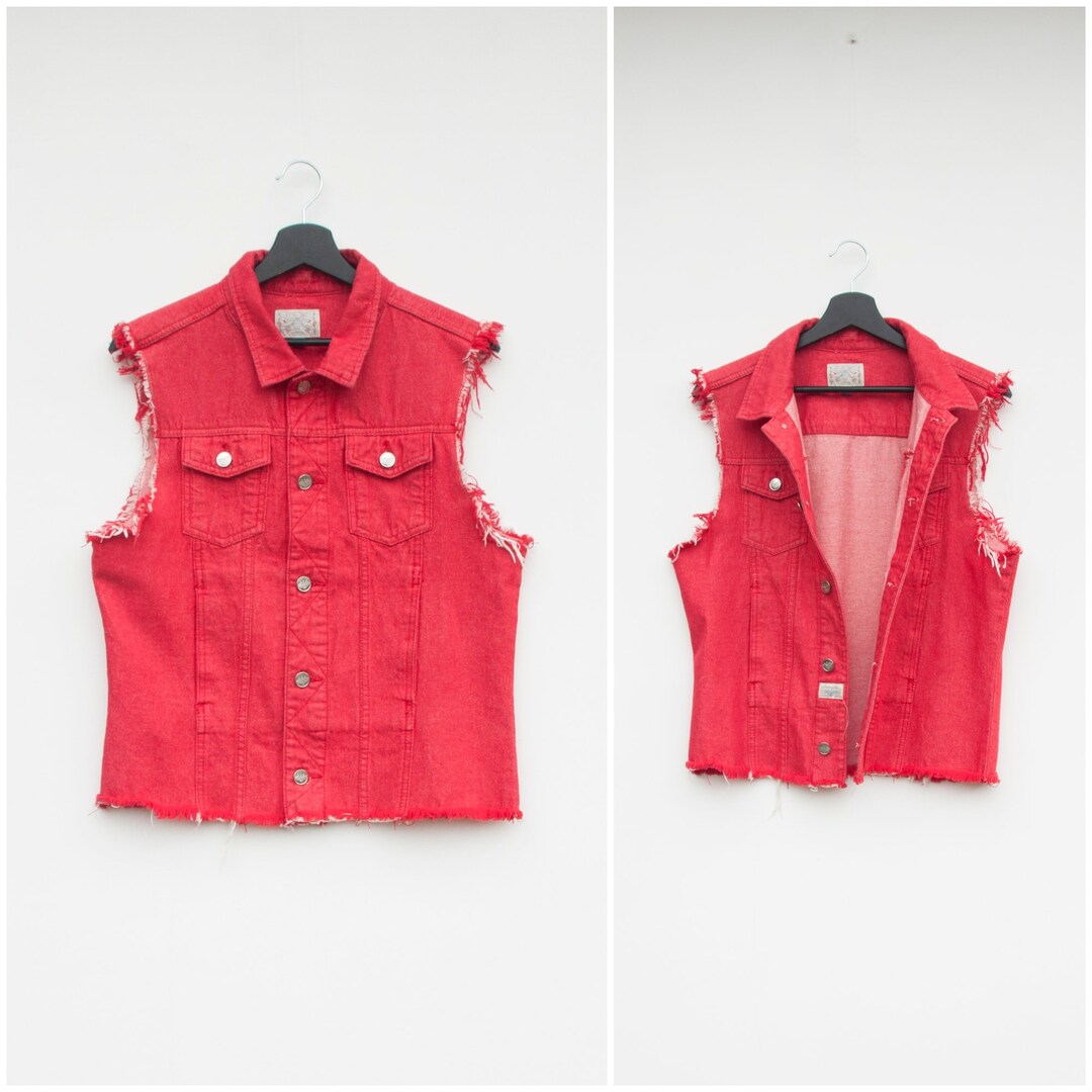 Vintage Red Denim Vest Women XS Red Jean Waistcoat Frayed Etsy