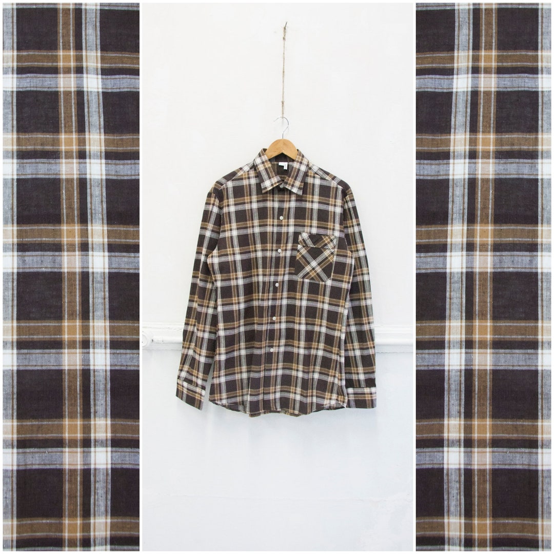 Vintage 70s Plaid Shirt Brown Button Down Shirt Mens M Long - Etsy