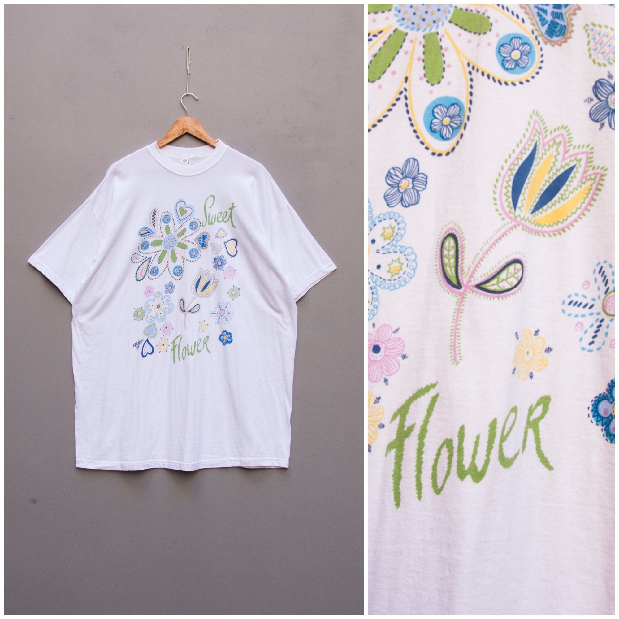 Women XXL Vintage White Tee Flower 