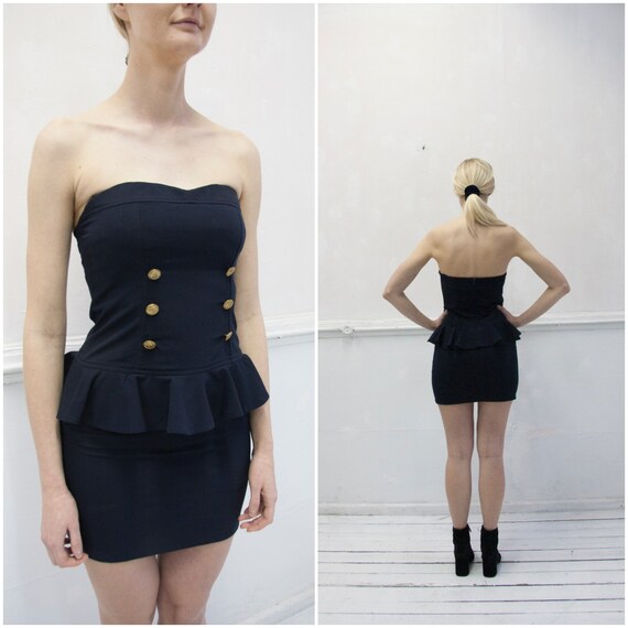 Vintage Strapless Dress Bandeau Mini Dress XS S Peplum Pin up Mini