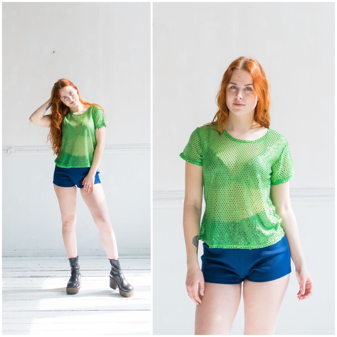 Vintage Sequin Top Womens S Green Sheer Top Sequinned Top Small Green