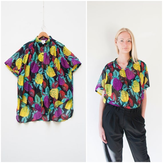 vintage 80s top rainbow grid geometric colorful print blouse shirt XL