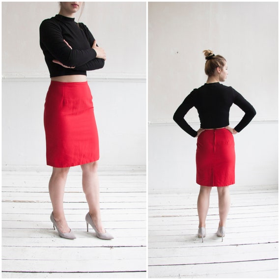 Vintage Pencil Skirt XS High Waisted Red Pencil Skirt 90s Shift Skirt 27 Red Knee Length Skirt High Waist 27 Office Skirt Red Linen Skirt XS Etsy Canada