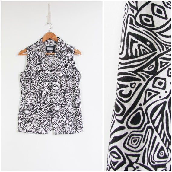 90s Sleeveless Shirt Women's Small Black White Li… - image 1