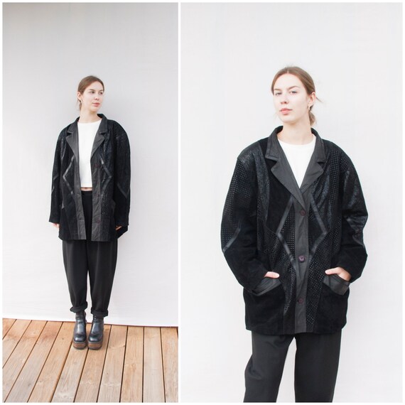Black Leather Coat 80s Suede Jacket Women XL Patch