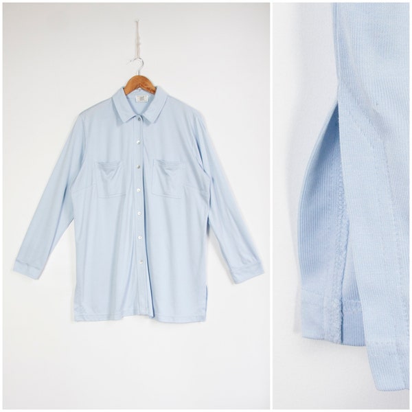 Vintage Plain Shirt Women's XL 90s Button Down Top Baby Blue Blouse Oversized Button Up Shirt Women Size XL Solid Pastel Blue Minimalist Top