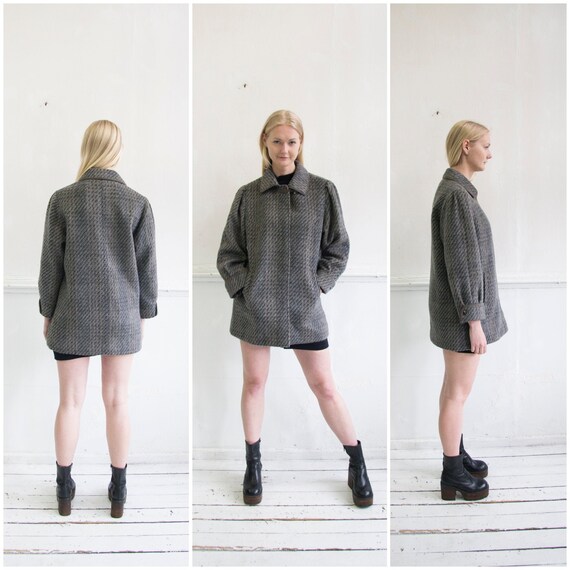 Vintage Wool Coat Womens S M Wool Jacket Dark Gray Striped Winter