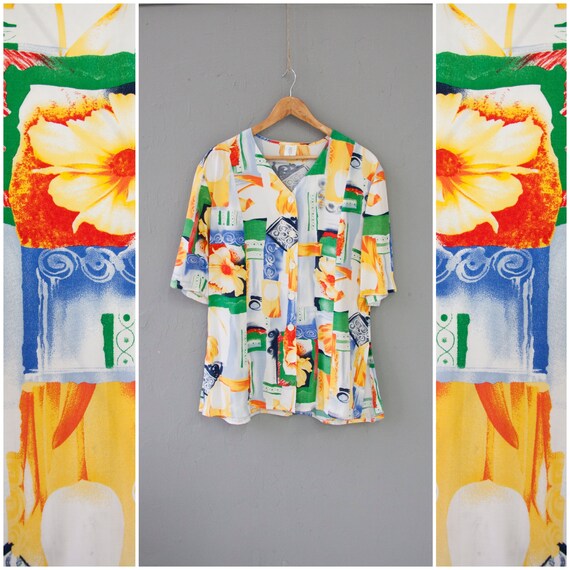 Vintage 90s Colourful Abstract Short Sleeve Womens Shirt Size XL