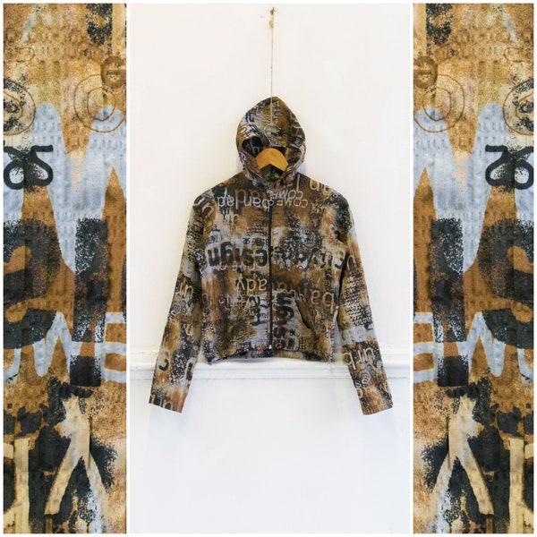 Vintage Printed Jacket for Women XS Y2K Patterned Hooded Top Abstract Print Summer Jacket Women's Size XS Zip Up Top with Hood 2000s Jacket