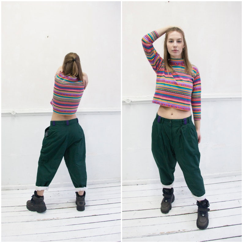 Vintage 80s Boyfriend Pants High Waisted Trousers 32 Womens L Dark Green Baggy Pants Tapered Leg Trousers Mens 32 Baggy Pants High Rise W32