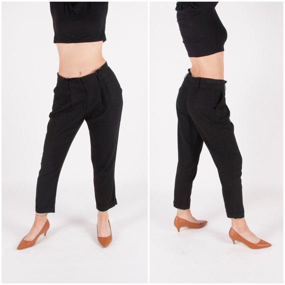 Vintage Black Linen Pants Women's Medium Cropped … - image 1