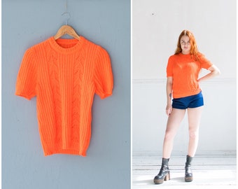 Vintage Neon Top 70s Womens Top XS S M Rib Knit Top Womens Small Medium Knitted Tee Short Sleeve Neon Orange Top Knitted Stretch Top XS S M