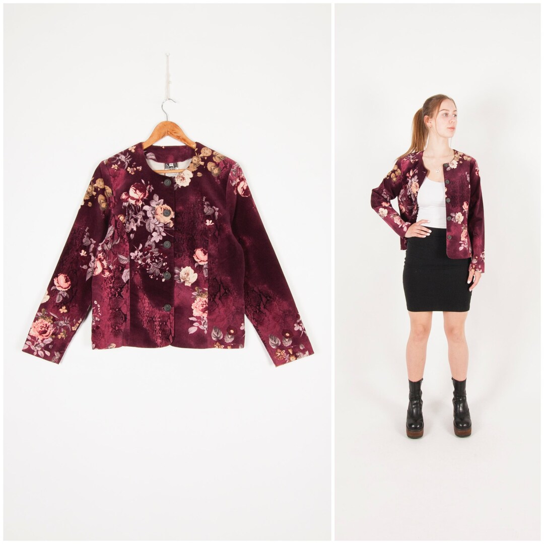 Vintage Red Velvet Jacket Women Small Y2K Floral Velvet Jacket Maroon