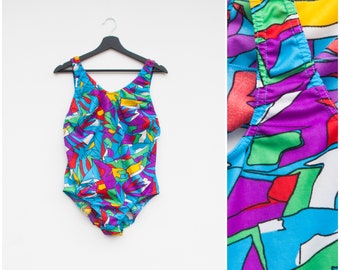 80s Neon Swimsuit Women Small Medium Vintage Colorful Swim Suit Women's One Piece Swimsuit Rainbow Colored Swimming Costume Retro Swimwear S