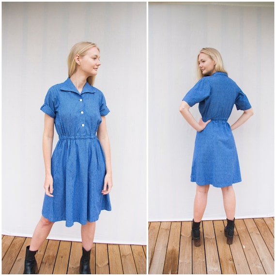 70s Dress Women Medium 70s Plaid Dress M White Blu