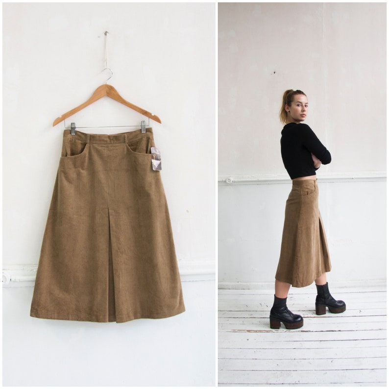 70s Corduroy Skirt S High Waisted Corduroy Skirt 28 Camel Brown Corduroy Skirt Womens Small Corduroy A-line Skirt Deadstock 70s Shift Skirt